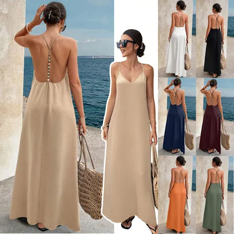 Women Sexy V Neck Backless Cami Maxi Dress Crinkle Textured Spaghetti Strap Beaded Dress Summer Beach Vacation Long Dress
