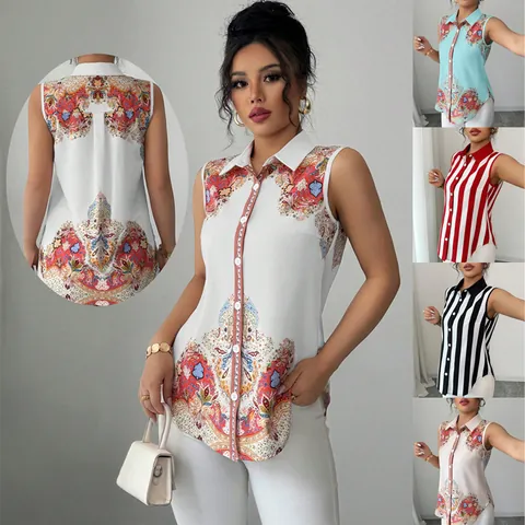 Chemisier Sans Manches à Revers et Boutons pour Femmes Imprimé Rayé Top en Polyester Ample Mode Quotidienne d'Été