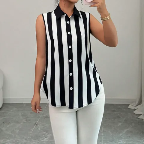 Chemisier Sans Manches à Revers et Boutons pour Femmes Imprimé Rayé Top en Polyester Ample Mode Quotidienne d'Été