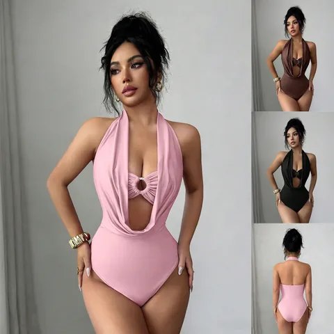 Sexy Deep V-Neck Halter Bodysuit For Women Slim Fit Ring Cut-Out Halter Top And Bottom Polyester Clubwear Nightclub Party Wear