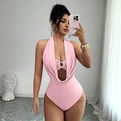 Sexy Deep V-Neck Halter Bodysuit For Women Slim Fit Ring Cut-Out Halter Top And Bottom Polyester Clubwear Nightclub Party Wear