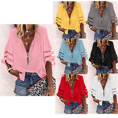Camicetta da Donna con Scollo a V e Cerniera in Chiffon con Patchwork a Rete Maniche a Campana Casual Maglia in Poliestere Larga
