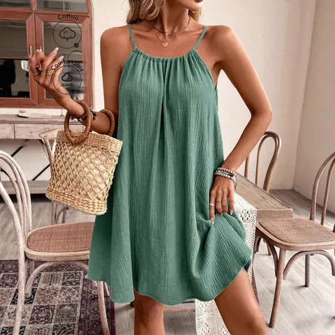 Robe Mini pour Femmes 100% Coton Sans Manches Dos Nu à Nouer Couleur Unie Col Rond Coupe Ample Robe de Vacances