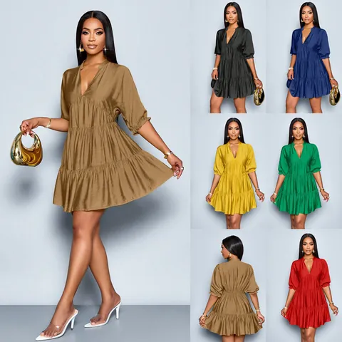 Women Deep V-Neck Puff Sleeve Tiered Ruffle Mini Dress Summer Casual Solid Color Elegant Pleated Short Dress For Vacation Daily