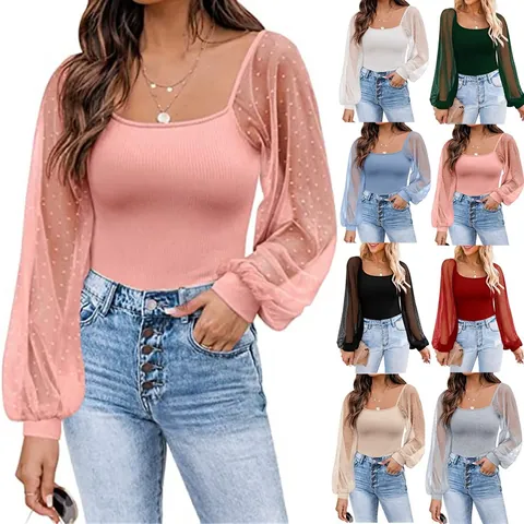 Damen Transparent Laternenärmel Top Eckiger Ausschnitt Punktnetz Patchwork Slim Fit Pullover Streetwear Lässig Mode T-Shirt Bluse