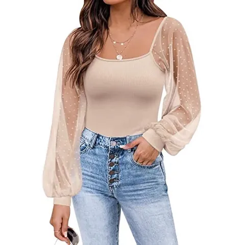 Damen Transparent Laternenärmel Top Eckiger Ausschnitt Punktnetz Patchwork Slim Fit Pullover Streetwear Lässig Mode T-Shirt Bluse