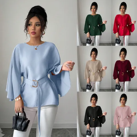 Franse Vintage Uitlopende Mouw Ronde Hals Top Polyester Slim Fit Met Riem Elegant Casual Effen Kleur Dames Top