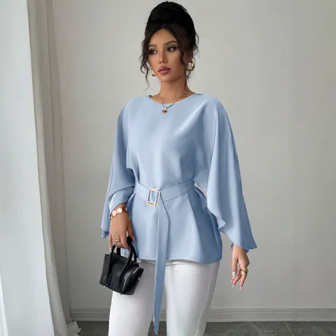 Franse Vintage Uitlopende Mouw Ronde Hals Top Polyester Slim Fit Met Riem Elegant Casual Effen Kleur Dames Top