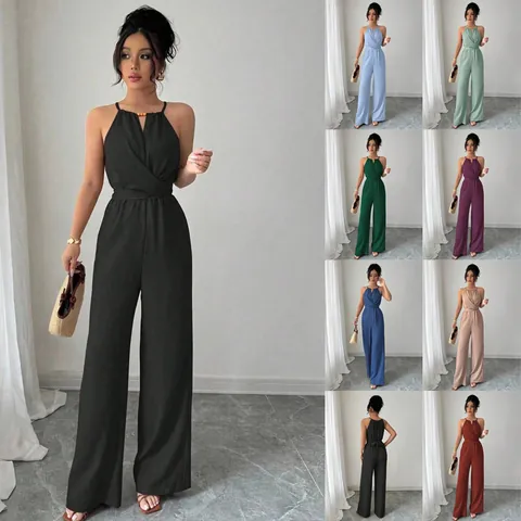 Women Halter Neck Wide Leg Jumpsuit Sleeveless High Waist Drape Slimming Fashion Commuter Solid Color Backless Romper For Summer