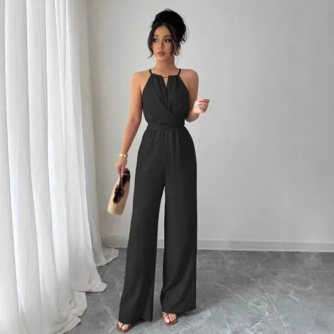 Women Halter Neck Wide Leg Jumpsuit Sleeveless High Waist Drape Slimming Fashion Commuter Solid Color Backless Romper For Summer