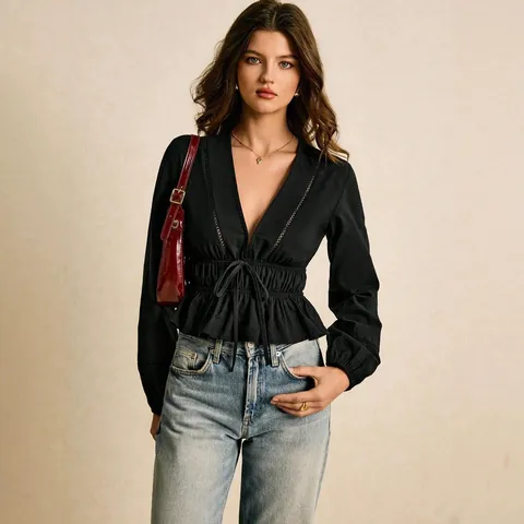 Damen Tiefem V-Ausschnitt Schößchen Bluse Baumwolle Lochspitze Schnürung Taille Volantsaum Langarm Streetwear Hemd
