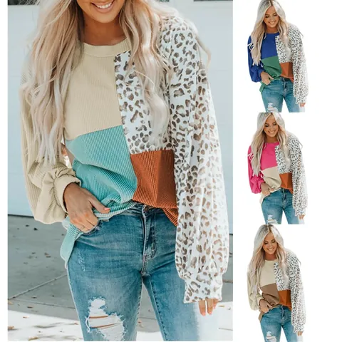Damen Casual Polyester Farbblock Leopardenmuster Strick Pullover Langarm Top Streetwear Mode Rundhalsausschnitt Pullover Für Herbst Winter
