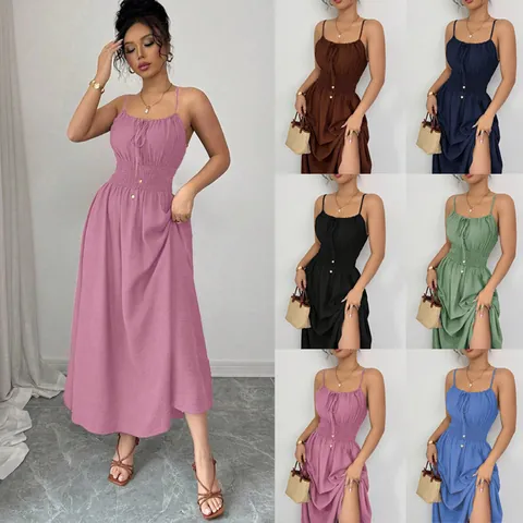 Women Sleeveless Smocked Waist Maxi Dress Solid Color Pleated Camisole Elegant Vacation Summer Beach Long Dress With Smocking Detail