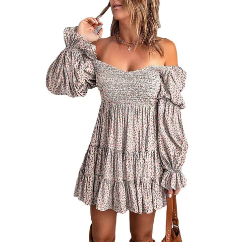 Women Off Shoulder Floral Smocked Midi Dress Sexy Lantern Sleeve Tiered A-Line Boho Casual Party Dress Top And Bottom
