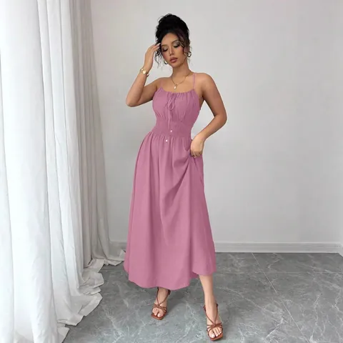 Women Sleeveless Smocked Waist Maxi Dress Solid Color Pleated Camisole Elegant Vacation Summer Beach Long Dress With Smocking Detail