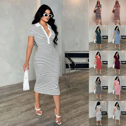 Women Polo Collar Striped Midi Bodycon Dress Short Sleeve Slim Fit Sexy Streetwear Casual Polyester Ribbed Knit Dress