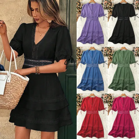 Vestito Mini da Donna Scollo a V con Pizzo Traforato Elegante Manica a Sbuffo Allacciato in Vita Poliestere Vestito Estivo