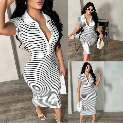 Women Polo Collar Striped Midi Bodycon Dress Short Sleeve Slim Fit Sexy Streetwear Casual Polyester Ribbed Knit Dress