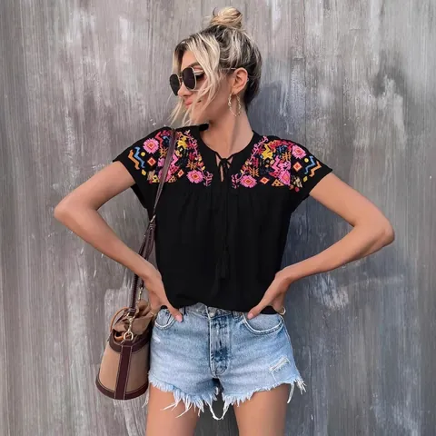 Women Bohemian Embroidered Blouse Tassel Tie V Neck Batwing Sleeve Loose Polyester Casual Summer Shirt Top