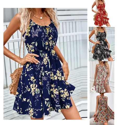 Robe Cami Élégante à Imprimé Floral pour Femmes Sans Manches Été Taille Élastique Mini-jupe Pull Décontracté Plage Vacances Robe en Poliester