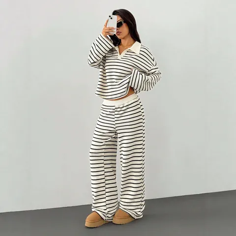 Conjunto de Dos Piezas de Punto a Rayas para Mujer Solapa en Contraste Cuello en V Top de Manga Larga y Pantalones Anchos