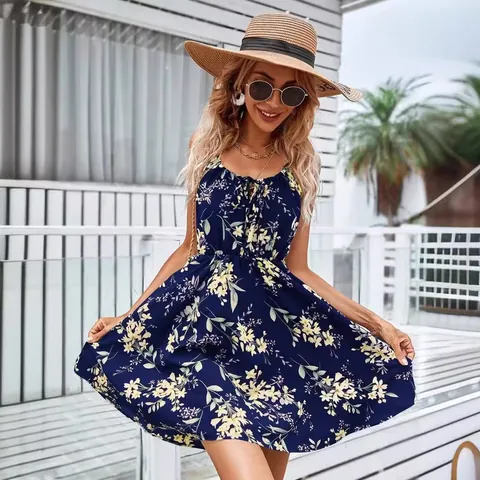 Robe Cami Élégante à Imprimé Floral pour Femmes Sans Manches Été Taille Élastique Mini-jupe Pull Décontracté Plage Vacances Robe en Poliester