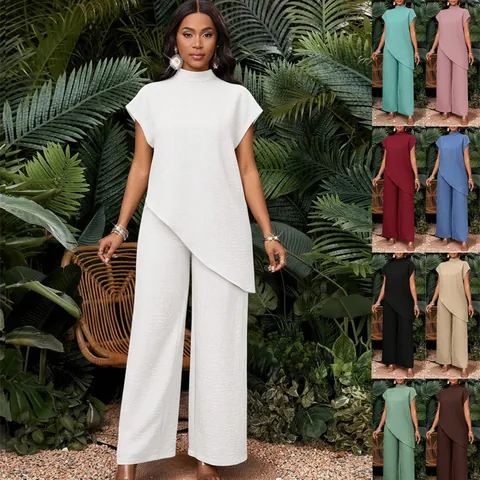 Ensemble Femme Minimaliste Décontracté en Polyester Top Et Bas Col Montant Ourlet Irrégulier Top Sans Manches Pantalon Large