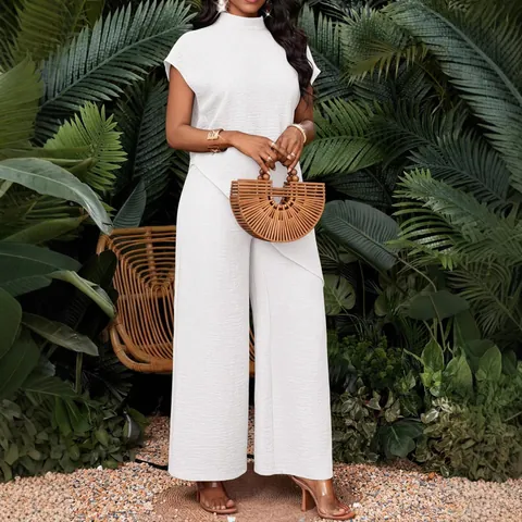 Ensemble Femme Minimaliste Décontracté en Polyester Top Et Bas Col Montant Ourlet Irrégulier Top Sans Manches Pantalon Large