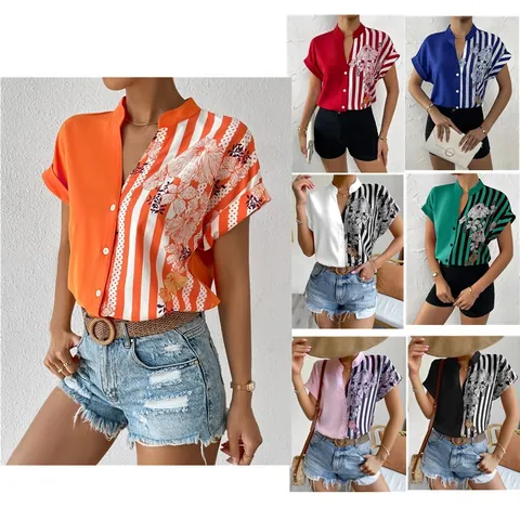 Damen Blumenmuster Hemd Kurzarm Farbblock Patchwork V-Ausschnitt Lässige Lockere Bluse Elegantes Sommer Mode Top