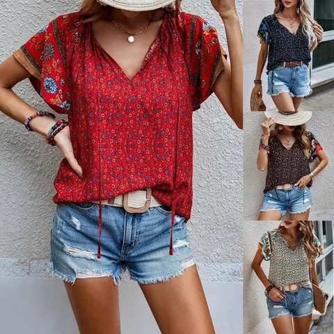 Women's Casual Ethnic Floral Print V-Neck Short Sleeve Blouse Bohemian Loose Summer Polyester Spandex Top Holiday Fashion AXR223