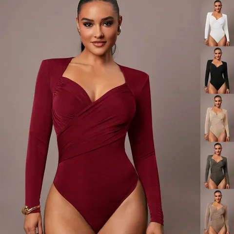 Women's Velvet Texture V Neck Ruched Bodysuit Slim Fit Long Sleeve Crisscross Patchwork Solid Color Fashion Sexy Body Top