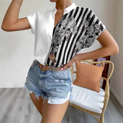 Damen Blumenmuster Hemd Kurzarm Farbblock Patchwork V-Ausschnitt Lässige Lockere Bluse Elegantes Sommer Mode Top