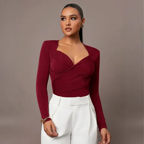 Women's Velvet Texture V Neck Ruched Bodysuit Slim Fit Long Sleeve Crisscross Patchwork Solid Color Fashion Sexy Body Top