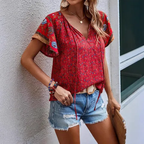 Women's Casual Ethnic Floral Print V-Neck Short Sleeve Blouse Bohemian Loose Summer Polyester Spandex Top Holiday Fashion AXR223