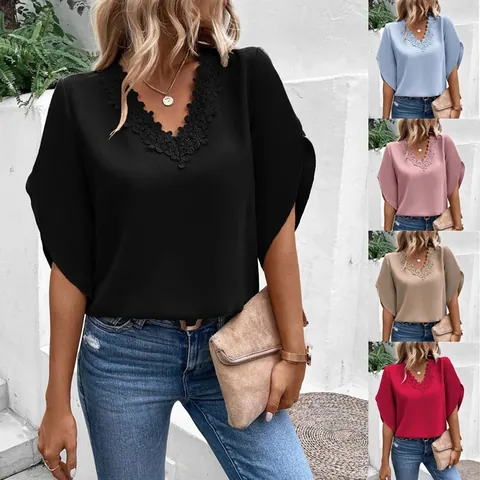 Women Elegant V-Neck Lace Trim Flare Sleeve Blouse Summer Casual Loose Polyester Solid Color Top