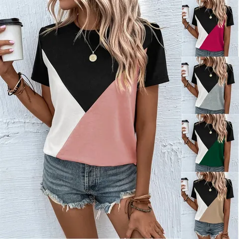 Dames Zomer T-shirt met Korte Mouwen Patchwork Geometrisch Contrastkleur Ronde Hals Losse Pasvorm Pullover Top Casual Mode