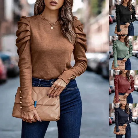 Women's Slim Fit Polyester Top Round Neck Puff Long Sleeve T-Shirt With Gold Buttons Autumn Winter Casual Elegant Top