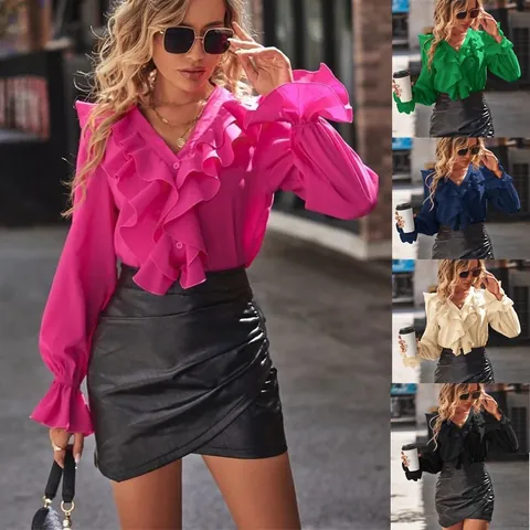 Elegante Camicetta da Donna con Scollo a V Volant Maniche a Campana Tencel Lyocell Autunno Tinta Unita Top Streetwear Moda Camicia