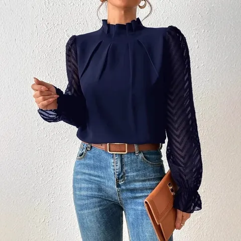 Damen Stehkragen Patchwork Wellenmuster Mesh Langarm Chiffonbluse Rüschen Elegant Lässig Büro Herbst Winter Top