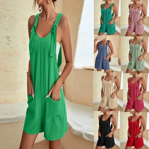 Women's Summer Casual Spaghetti Strap Rompers With Pockets Loose Sleeveless Jumpsuit Fashion V Neck Beach Vacation Shorts Overalls