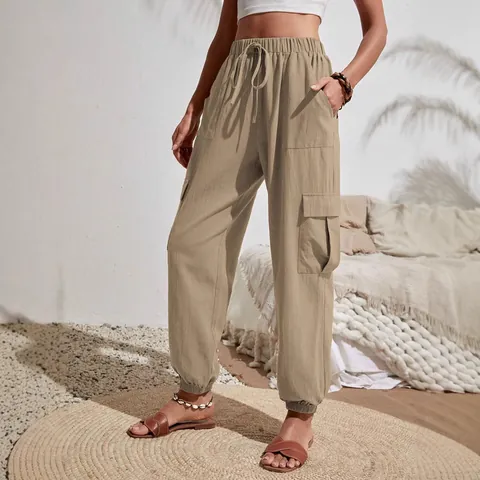 Women's Casual Polyester Cargo Pants Elastic High Waist Drawstring Joggers With Pockets Solid Color Streetwear Bottoms
