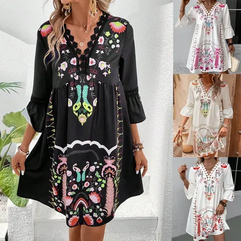 Women's Bohemian V-Neck Lace Patchwork Printed Dress Summer Casual Flare Sleeve Polyester Mini Dress Vacation Sun Dress