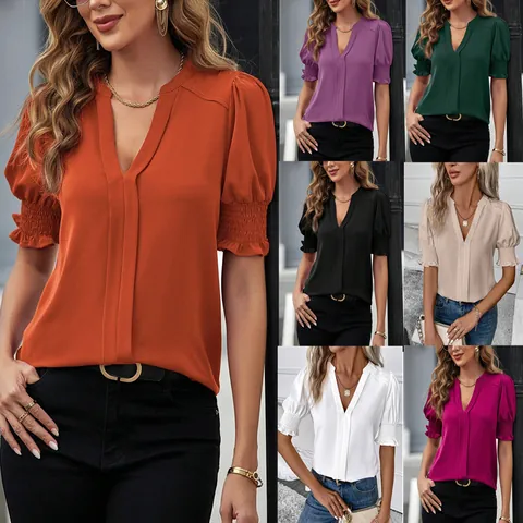 Blusa Elegante para Mujer con Cuello en V y Mangas Abullonadas Color Sólido Puños Fruncidos Top de Poliéster
