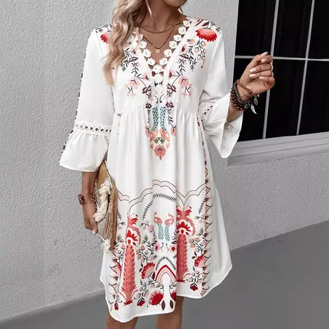 Women's Bohemian V-Neck Lace Patchwork Printed Dress Summer Casual Flare Sleeve Polyester Mini Dress Vacation Sun Dress