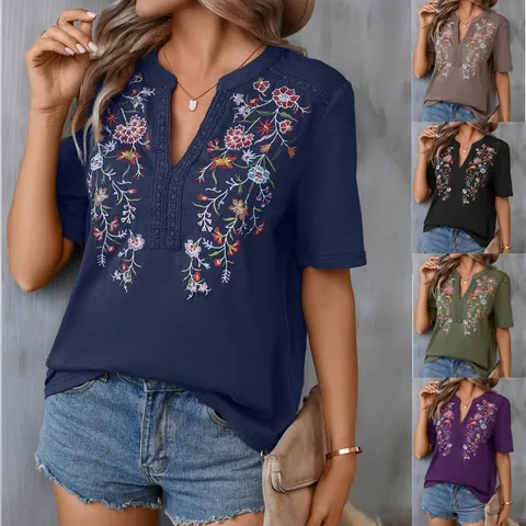 Women's V Neck Colored Cotton Embroidered Top With Lace Patchwork Short Sleeve Bohemian Casual T-Shirt Top