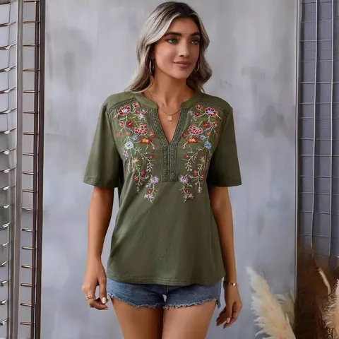 Women's V Neck Colored Cotton Embroidered Top With Lace Patchwork Short Sleeve Bohemian Casual T-Shirt Top