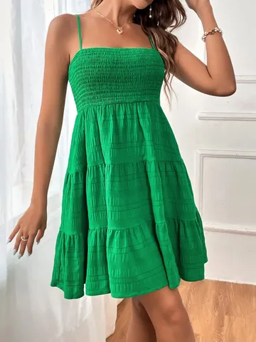 Women Spaghetti Strap Smocked Mini Dress Summer Sleeveless Flowy A Line Tiered Ruffle Texture Dress Elegant Casual Sundress