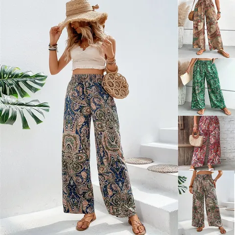 Pantaloni a Gamba Larga da Donna Stampa Paisley Vita Alta Elasticizzata Casual Bohemien Vacanza Estiva Mare