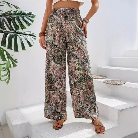 Pantaloni a Gamba Larga da Donna Stampa Paisley Vita Alta Elasticizzata Casual Bohemien Vacanza Estiva Mare