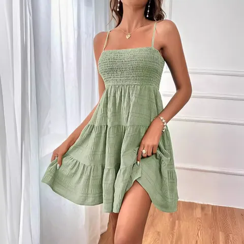 Women's Summer Spaghetti Strap Smocked Tiered Mini Dress Sexy Off-Shoulder Solid Textured Sleeveless Sun Dress for Vacation